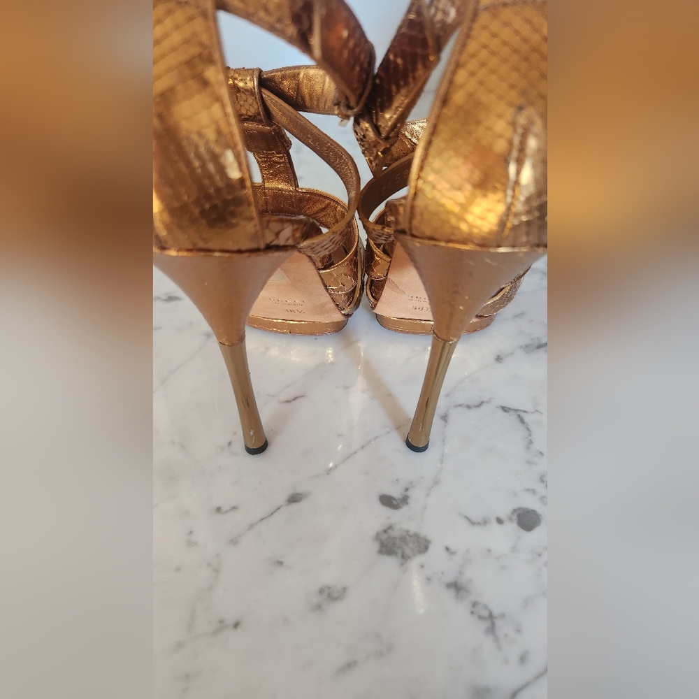 Gucci Metallic Gold Python Style Leather Platform… - image 5